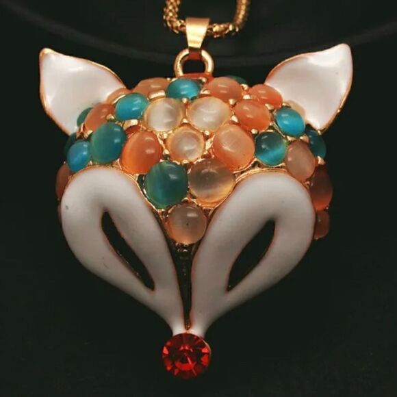 Crystal Multicolor Cat Eye Enamel Fox Head Pendant Necklace NWOT - Picture 3 of 4